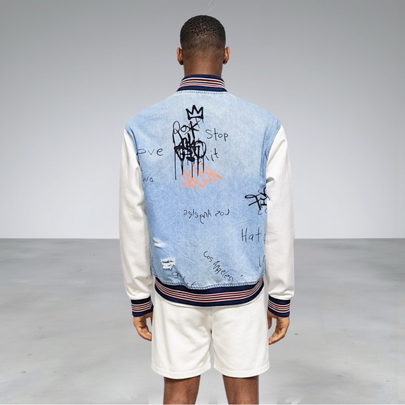 Fashion Nova Men’s Light Blue & White Graffiti Denim Varsity Jacket - Picture 4 of 13